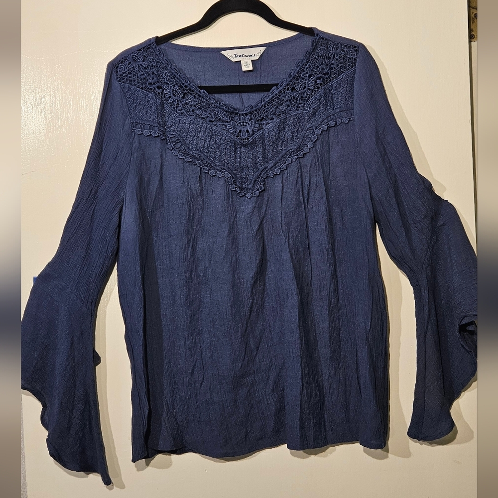 Tantrums Navy Blue Lace Trim Peasant Top Bell Sleeve VNeck Women’s Boho Chic XXL